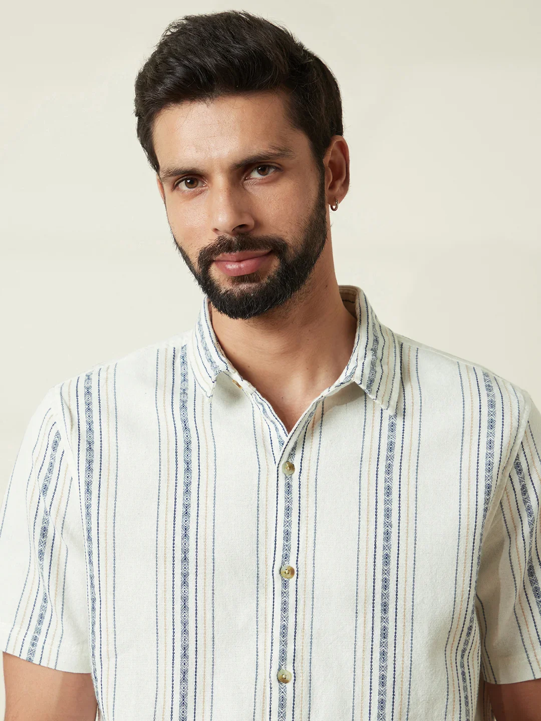Textured Short Sleeve Striped Shirt  | Off White - Image 5