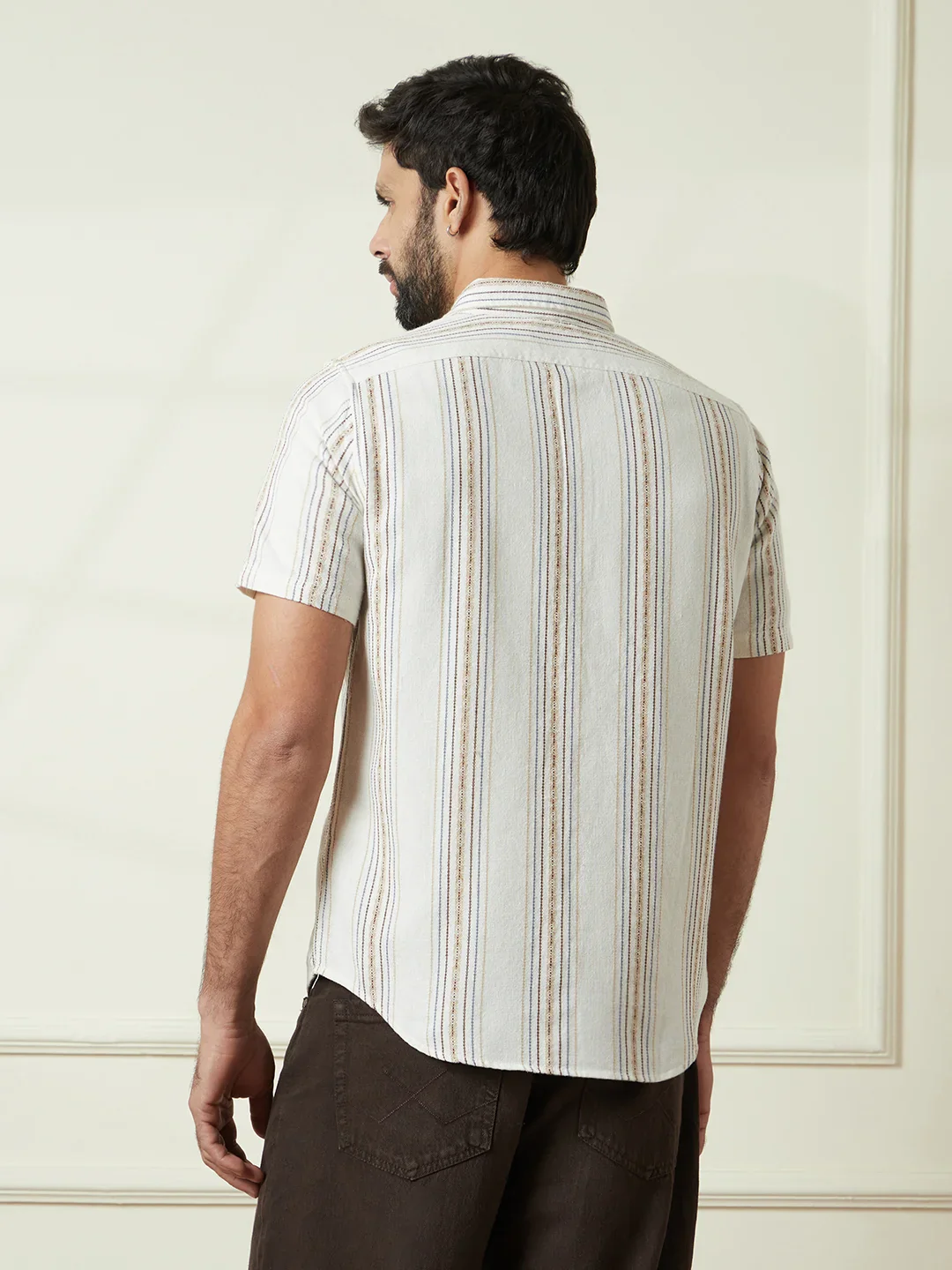 Striped Short Sleeve Textured Shirt  | Off White - Image 3