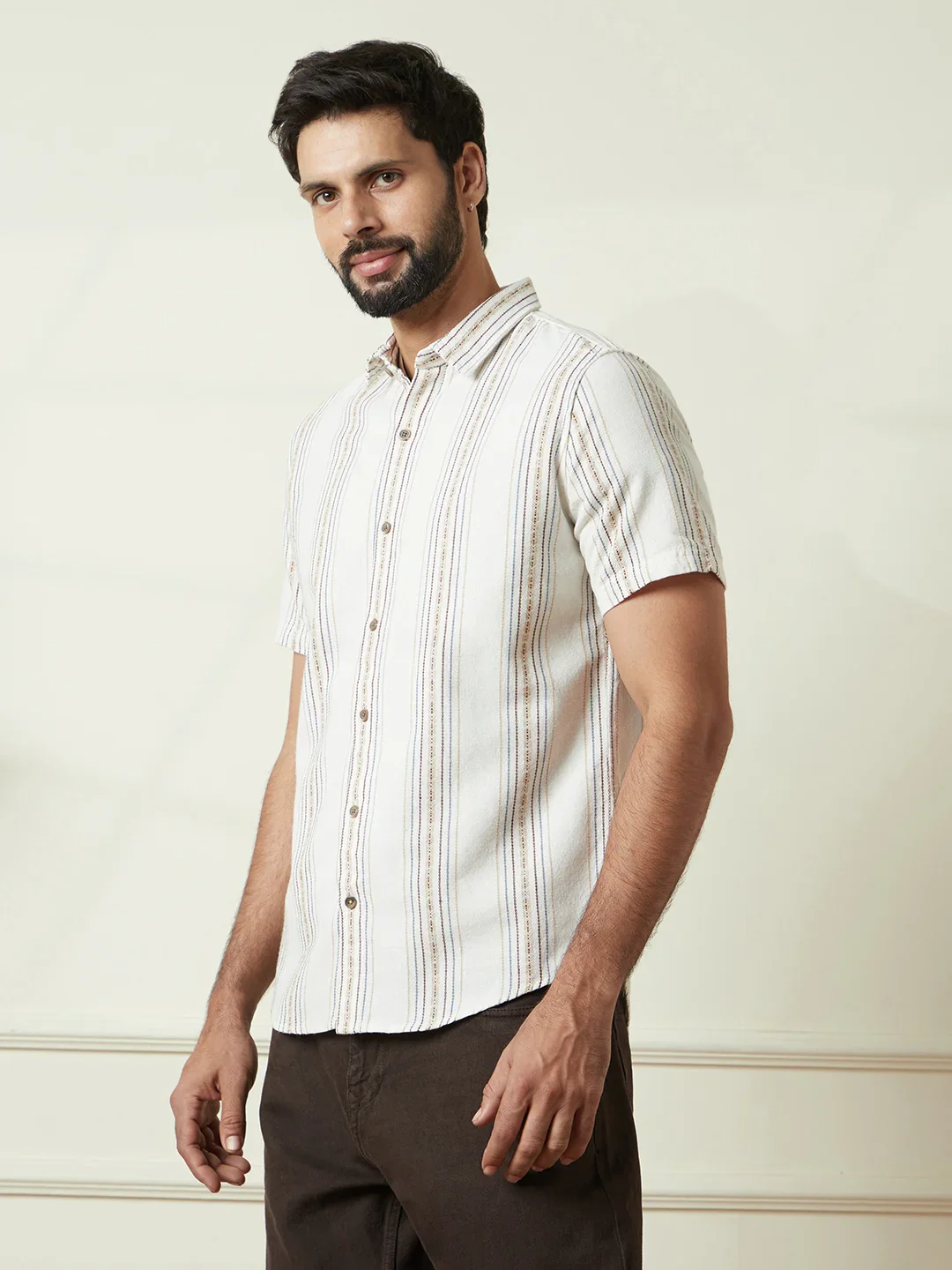 Striped Short Sleeve Textured Shirt  | Off White - Image 4