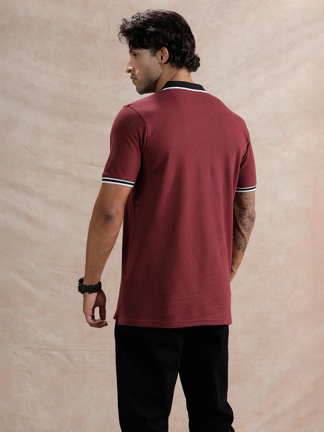 Stripped Collar Slim Fit Polo T-Shirt | Maroon - Image 3
