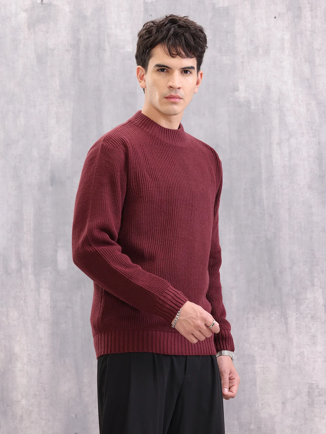 Structured Round Neck Comfort Fit Pullover | Wine - Image 4
