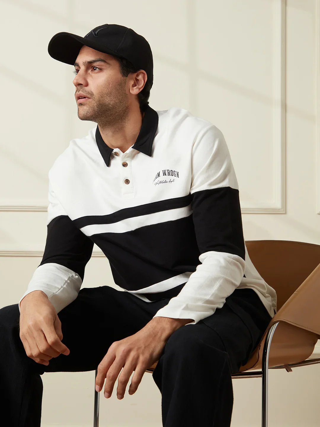Colour Blocked Varsity Polo T-Shirt | Off White - Image 2