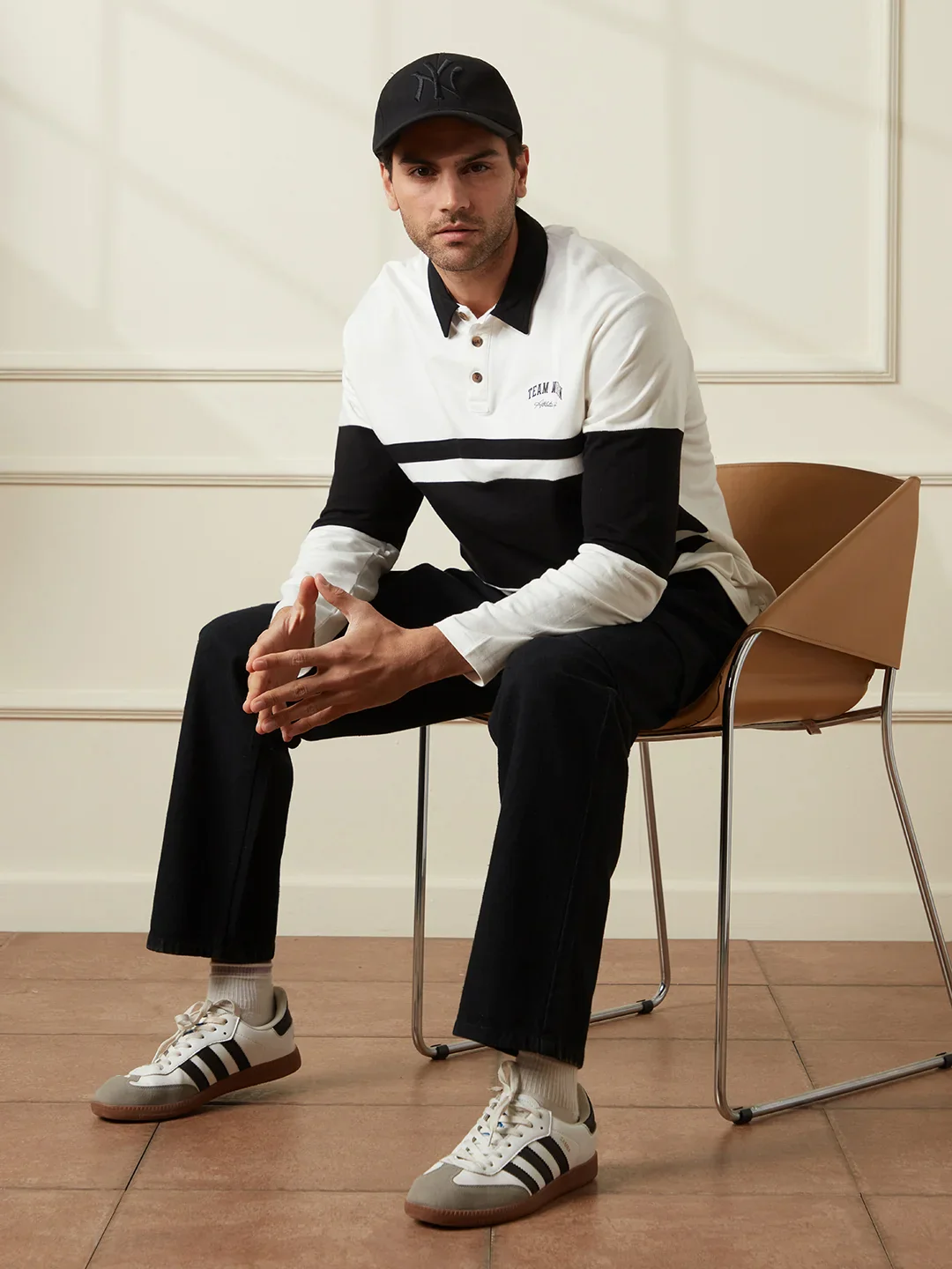 Colour Blocked Varsity Polo T-Shirt | Off White - Image 3