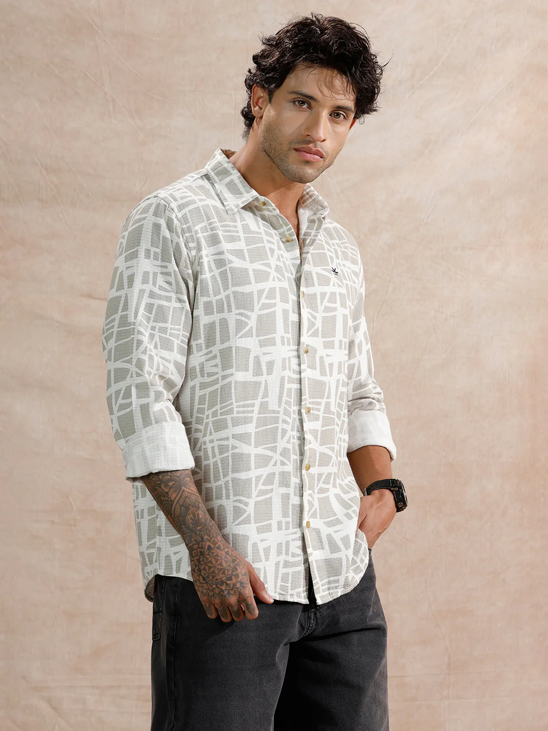 Textured AOP Regular Fit Shirt | Light Olive - Image 4