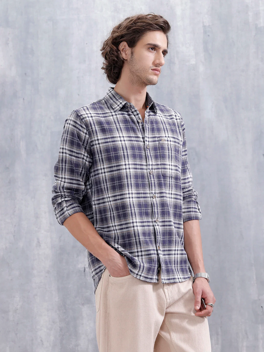 Textured Check Slim Fit Shirt | Navy Blue - Image 4