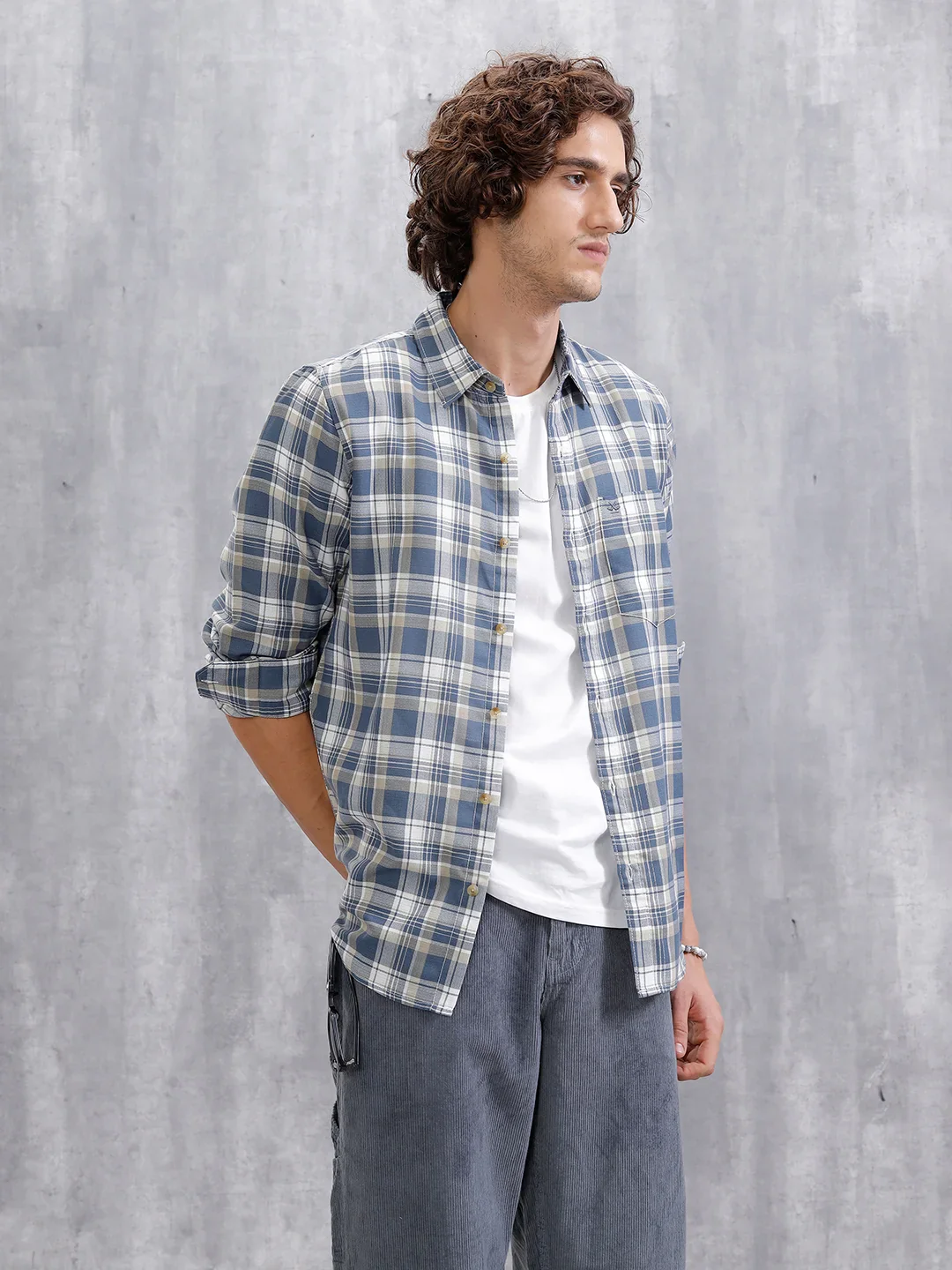 Textured Checked Regular Fit Shirt | Blue - Image 4