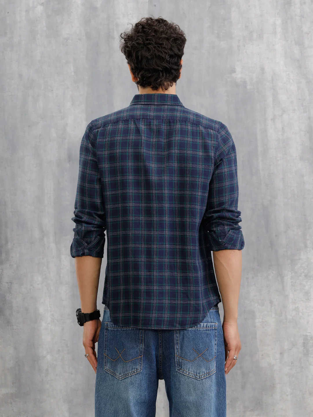Textured Checkered Cotton Shirt  | Navy Blue - Image 3
