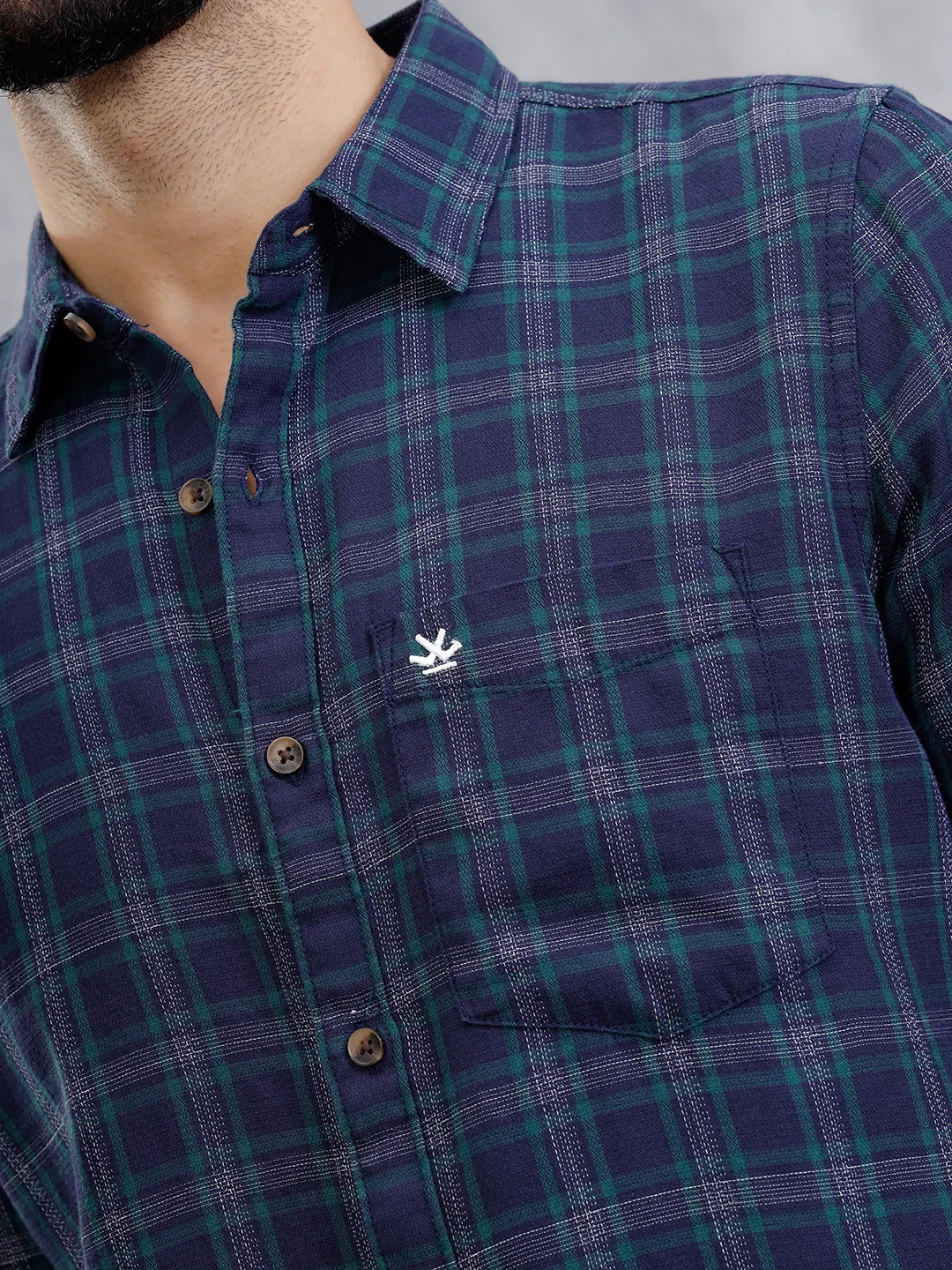 Textured Checkered Cotton Shirt  | Navy Blue - Image 4