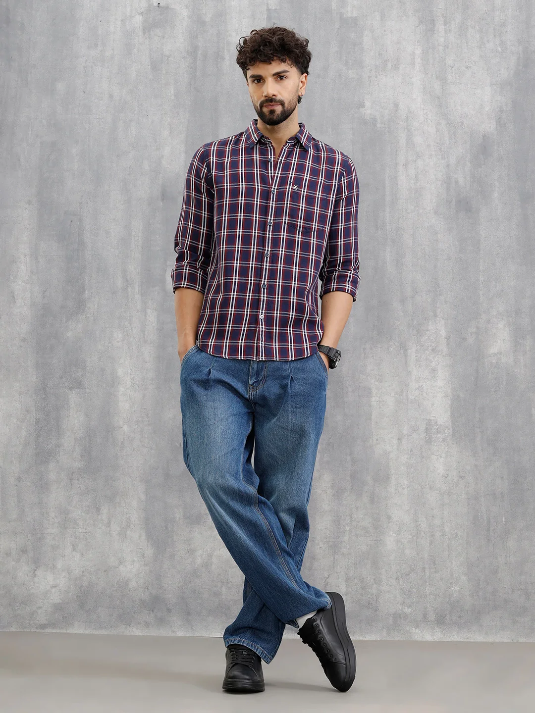 Textured Checkered Cotton Shirt | Navy Blue - Image 2