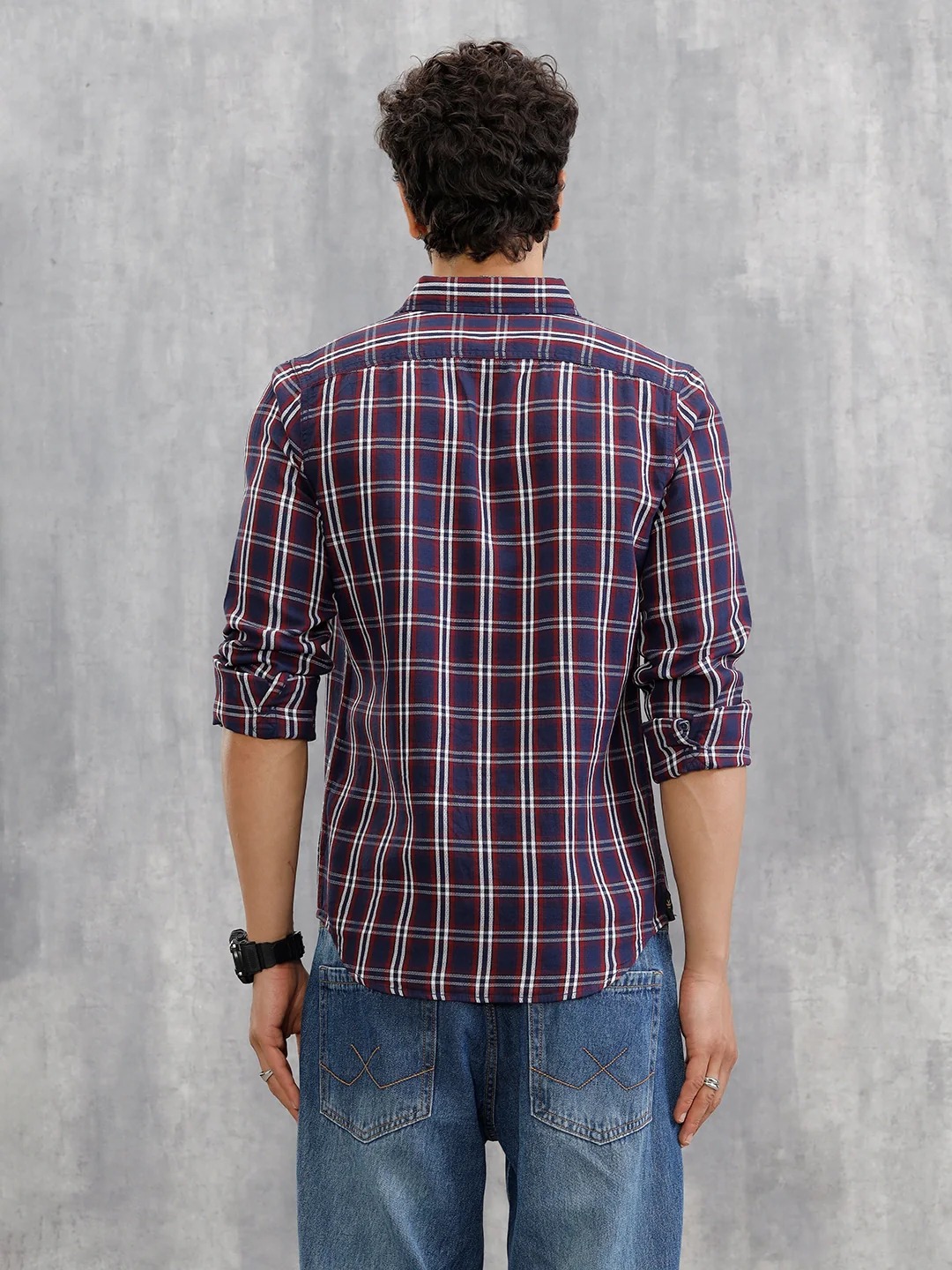 Textured Checkered Cotton Shirt | Navy Blue - Image 3