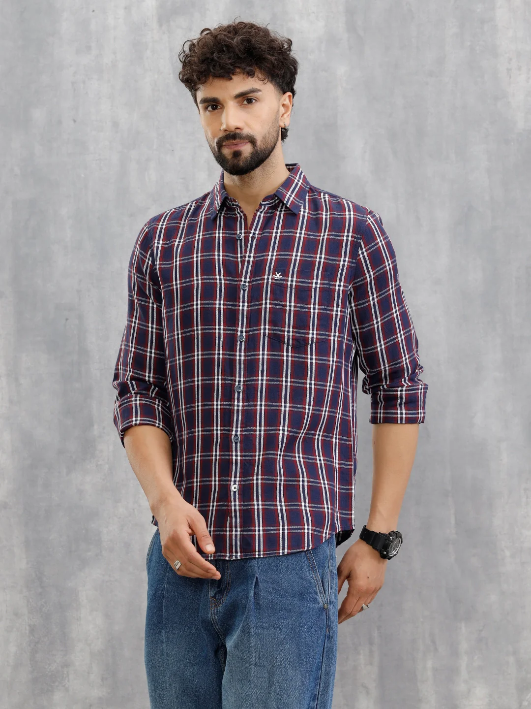Textured Checkered Cotton Shirt | Navy Blue - Image 5