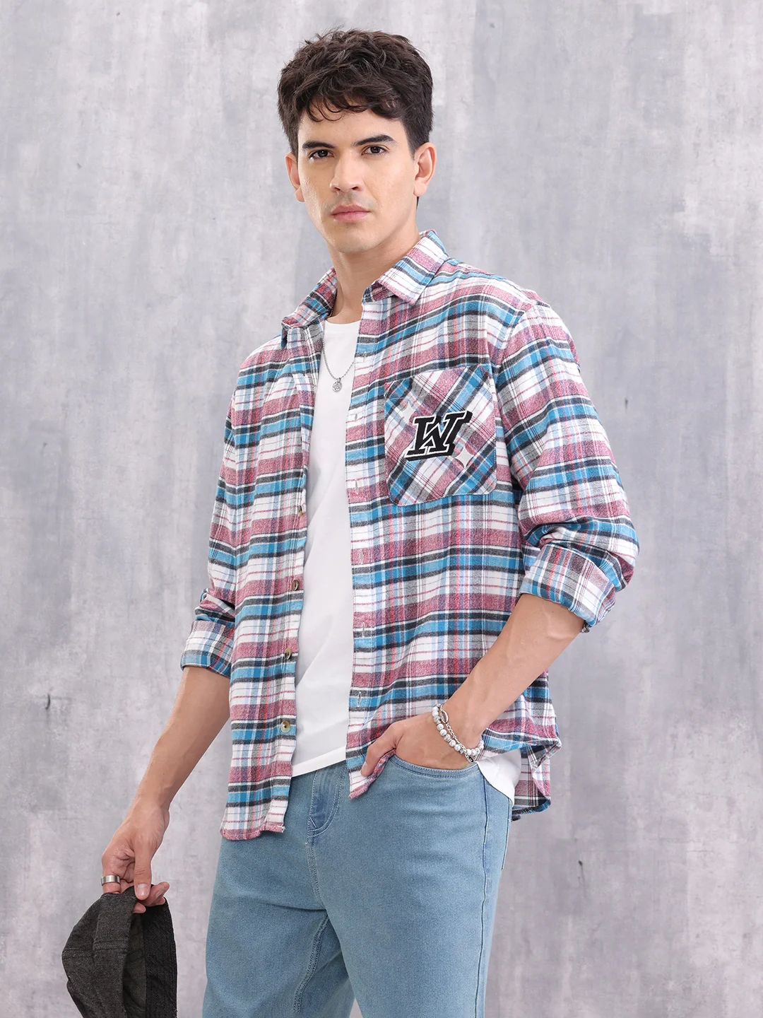 Textured Checkered Patchwork Shirt | Blue - Image 3