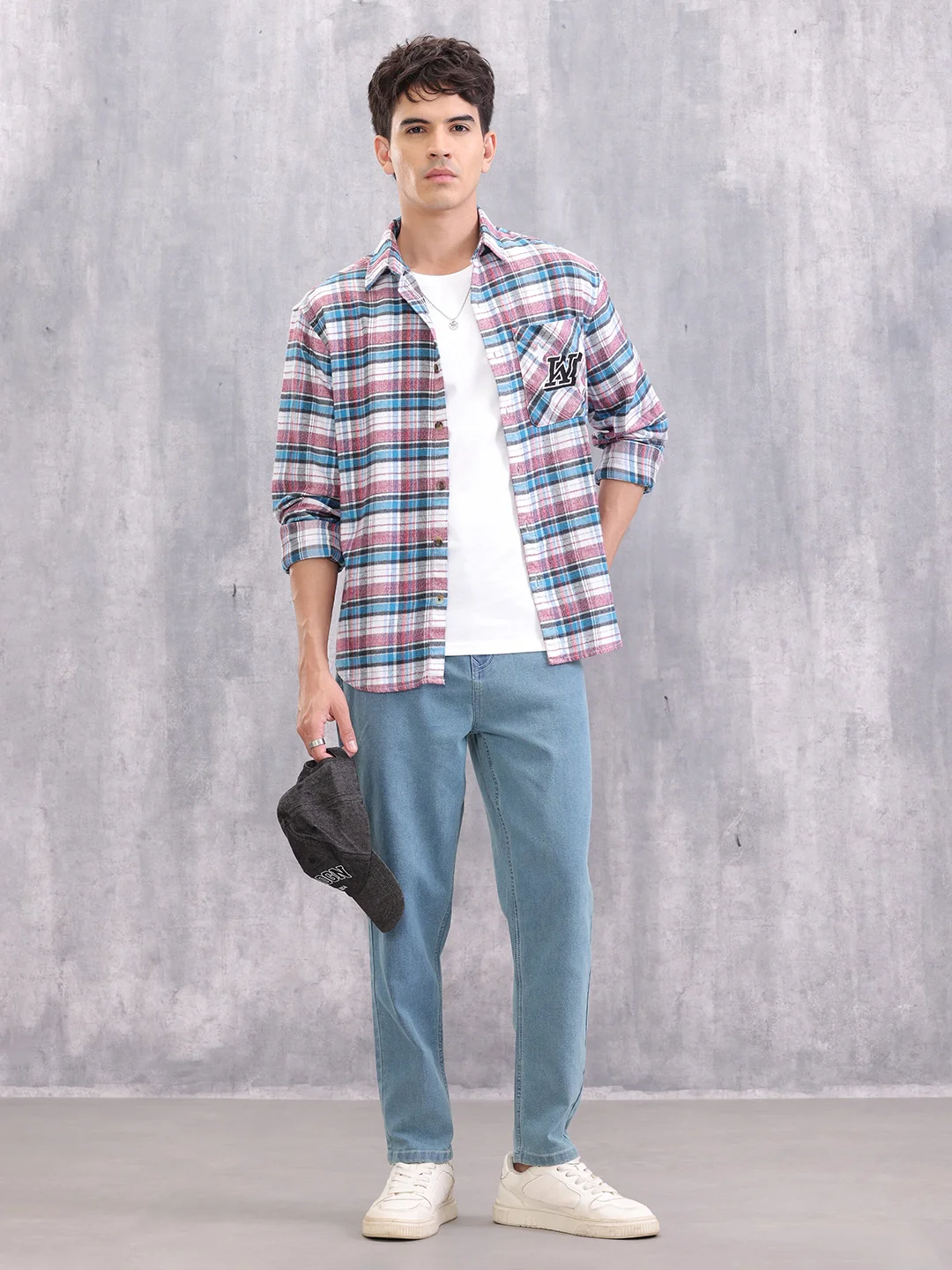 Textured Checkered Patchwork Shirt | Blue - Image 4