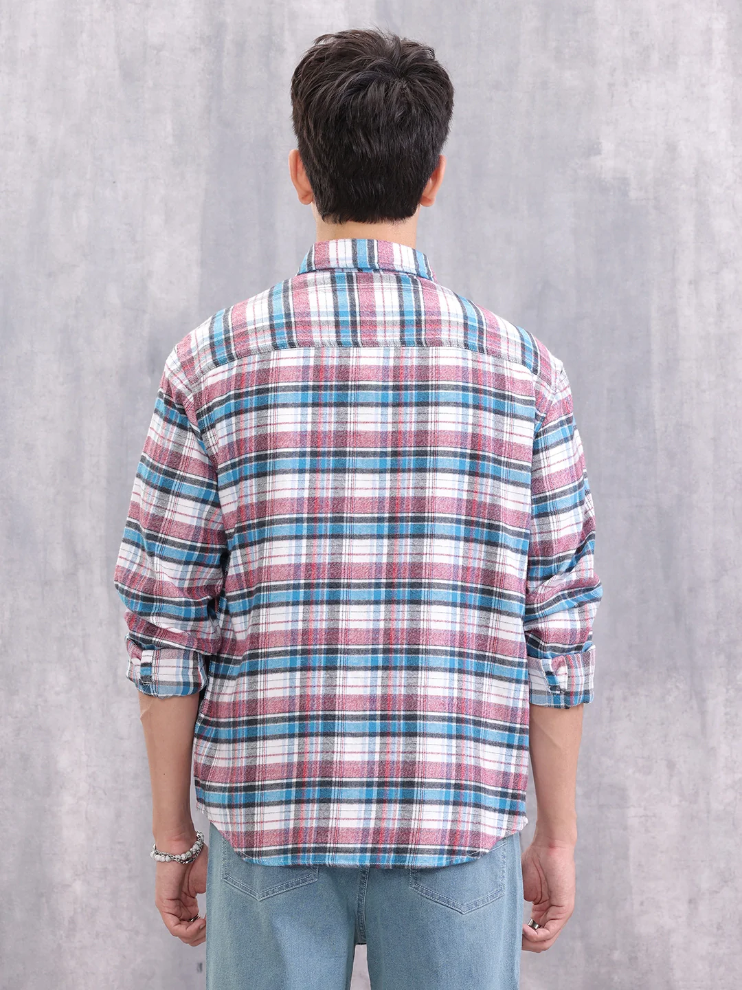 Textured Checkered Patchwork Shirt | Blue - Image 5