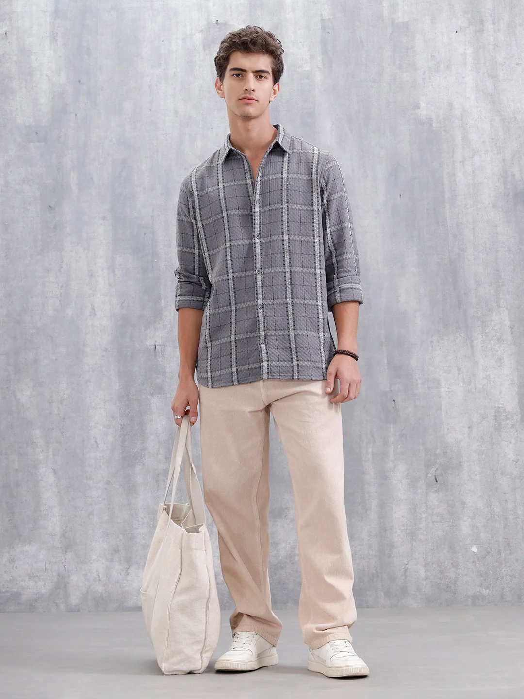 Textured Checkered Pattern Regualr Fit Shirt | Grey - Image 2