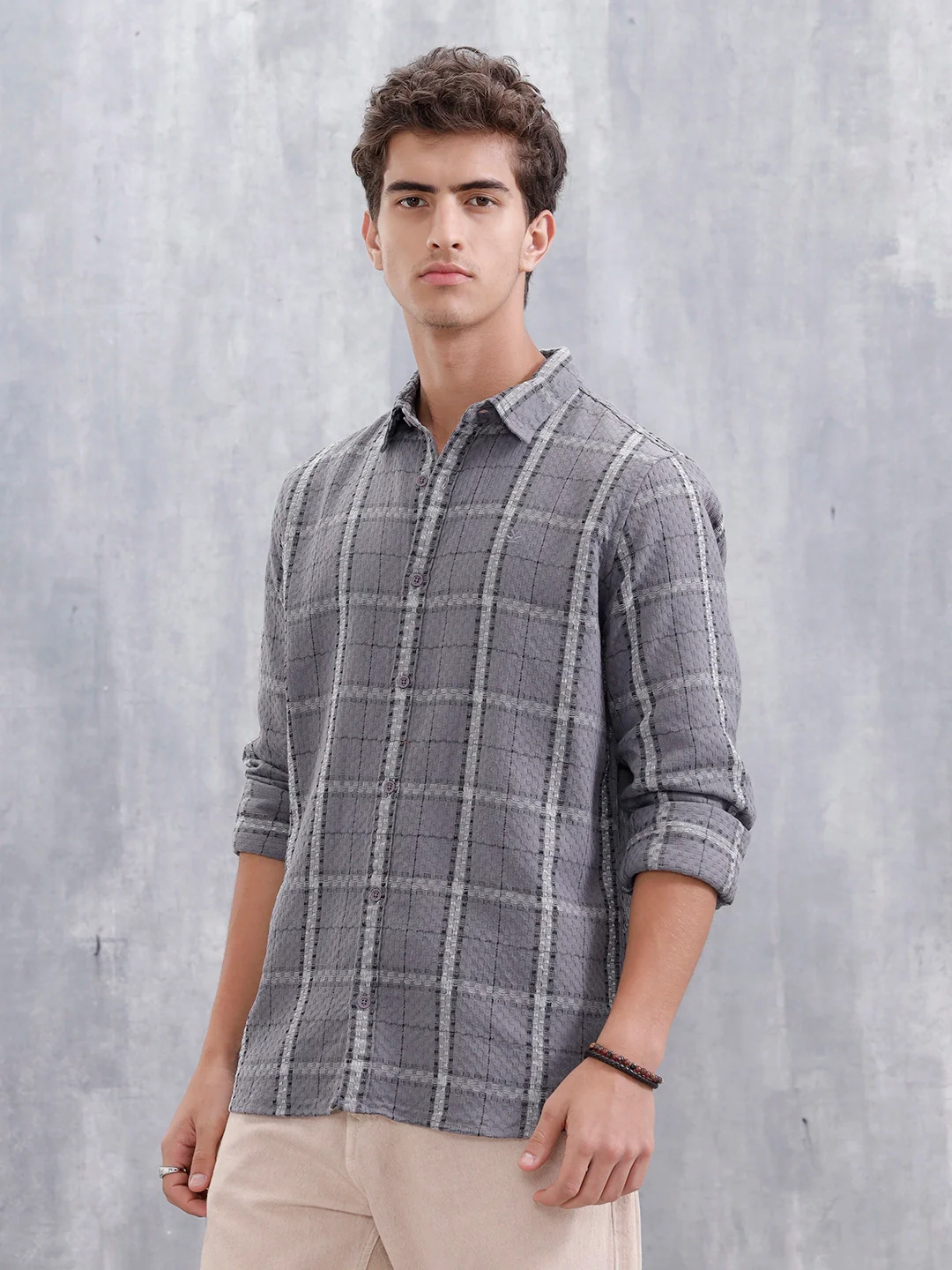 Textured Checkered Pattern Regualr Fit Shirt | Grey - Image 4