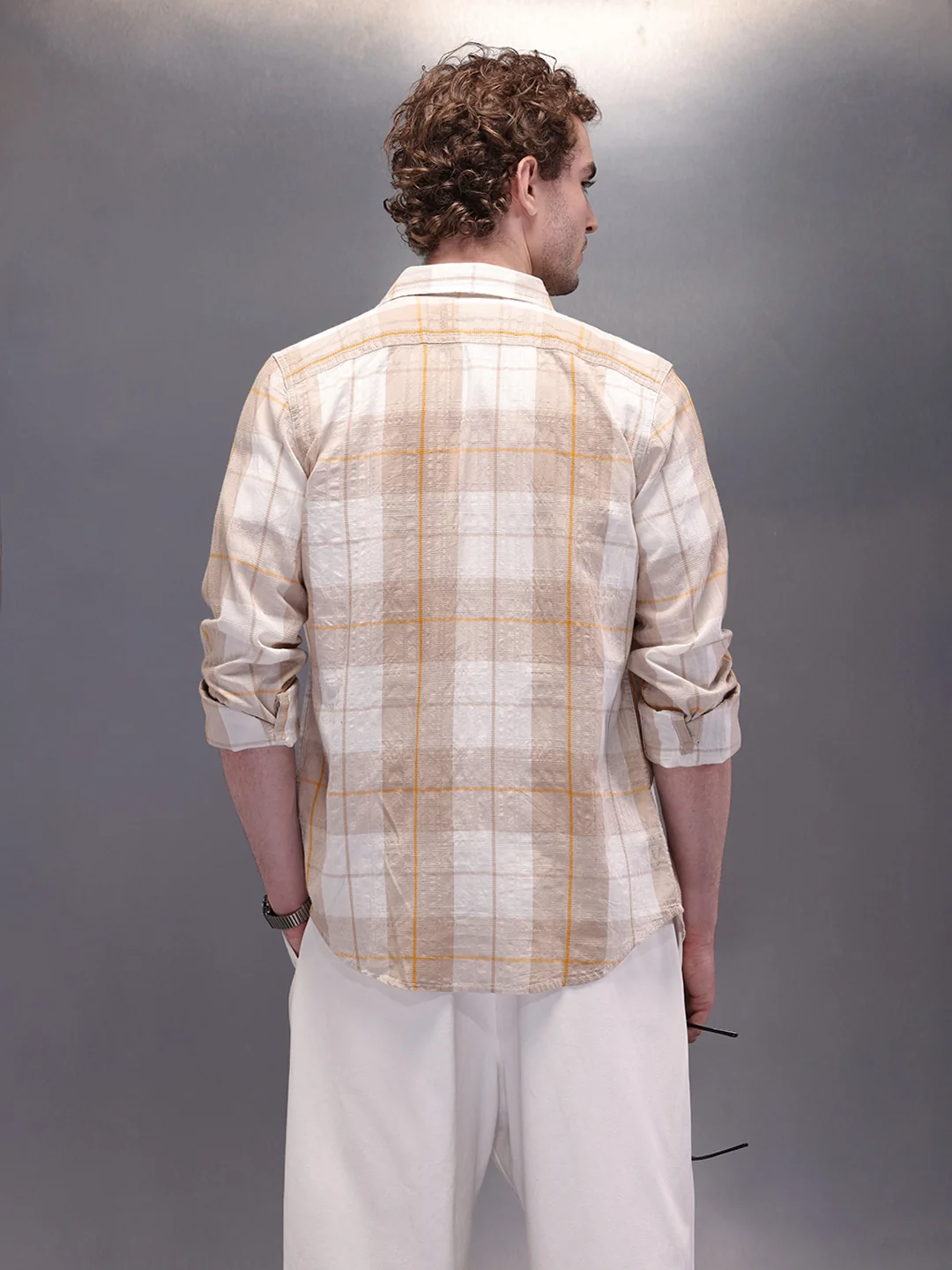Textured Checkes Dobby Shirt  | Khaki - Image 3