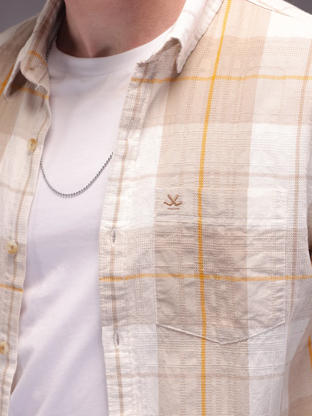 Textured Checkes Dobby Shirt  | Khaki - Image 5