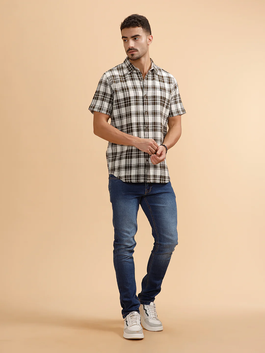 Textured Checks Regular Fit Shirt | Olive - Image 2