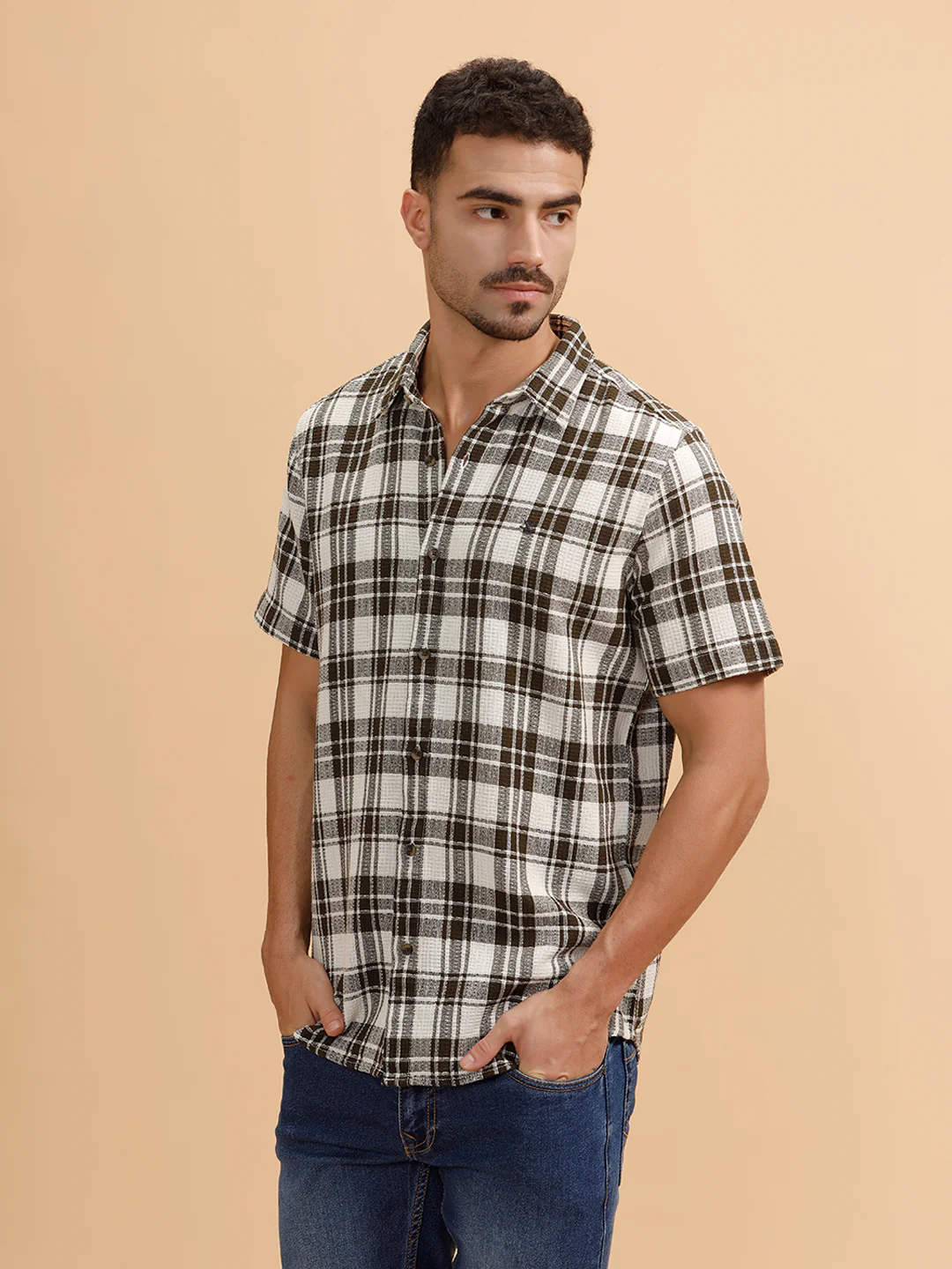 Textured Checks Regular Fit Shirt | Olive - Image 4
