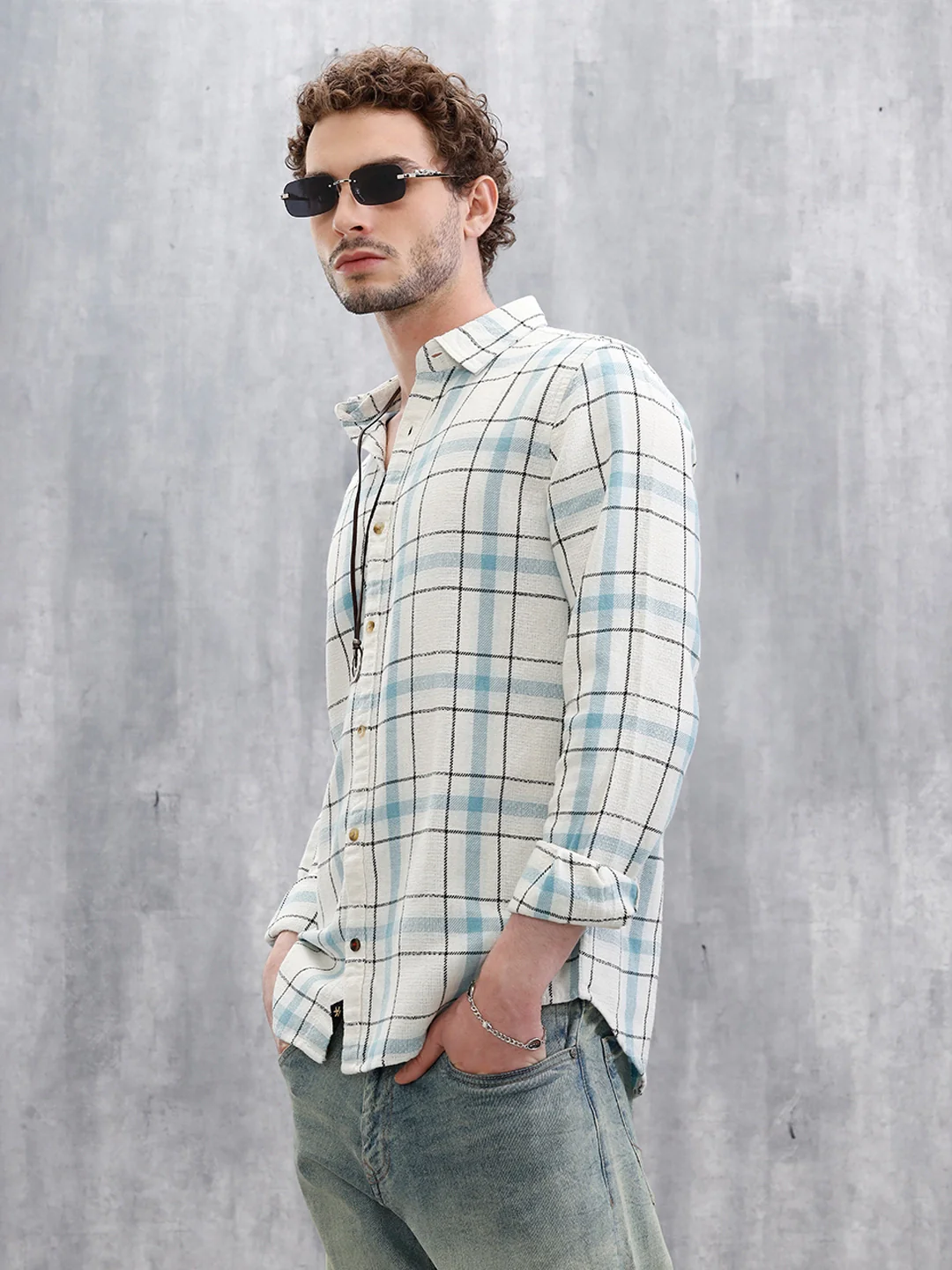 Textured Checks Slim Fit Shirt | Blue - Image 4