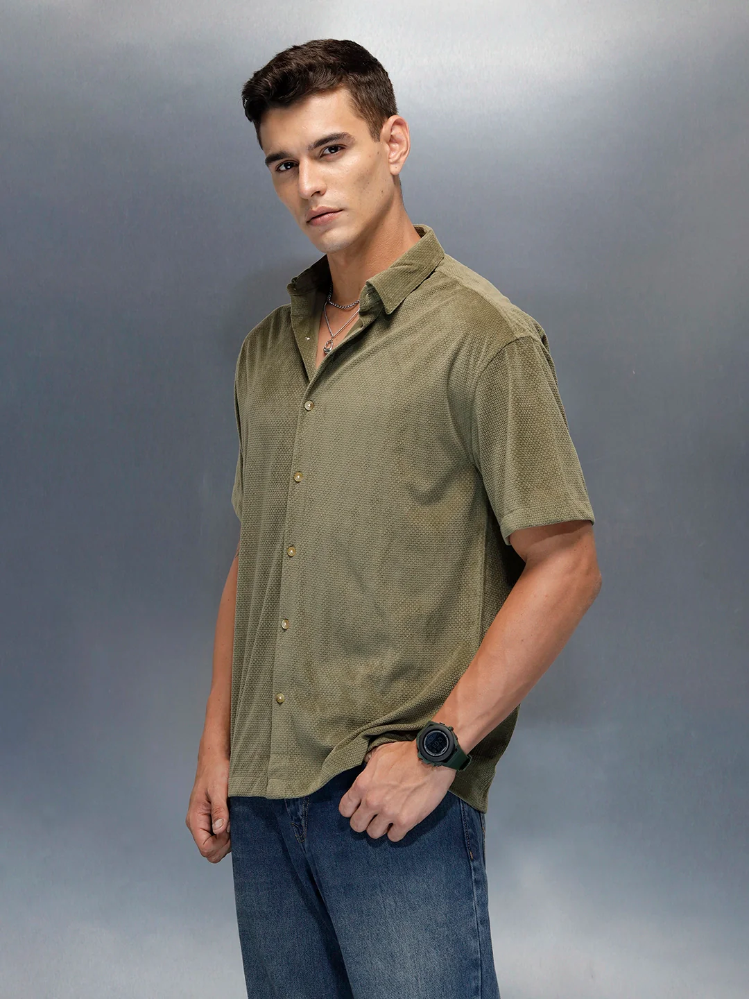 Textured Classic Men’s Oversized Fit Shirt | Olive - Image 4