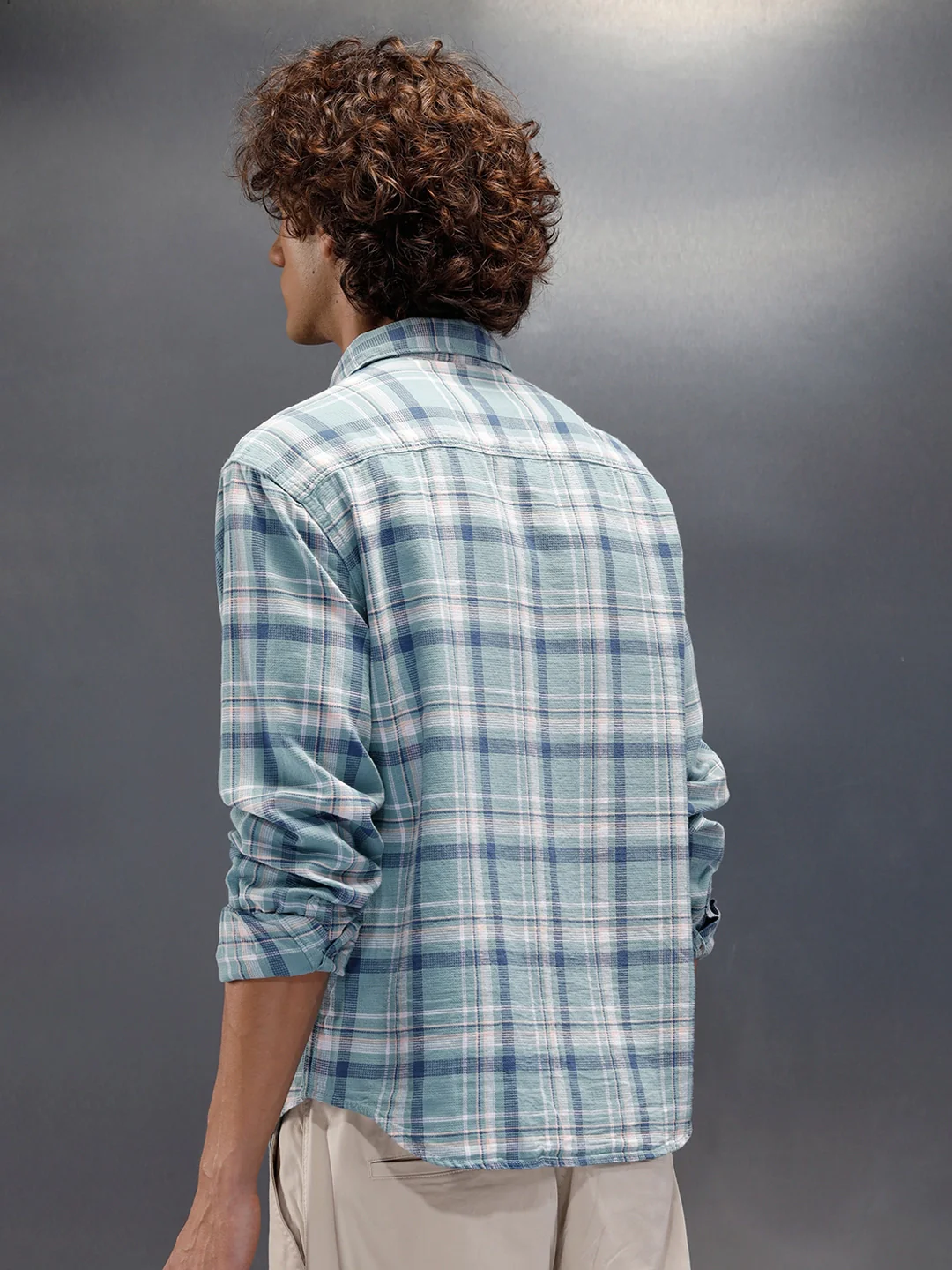 Textured Comfort Fit Checkered Pattern Shirt With Branding| Blue - Image 3