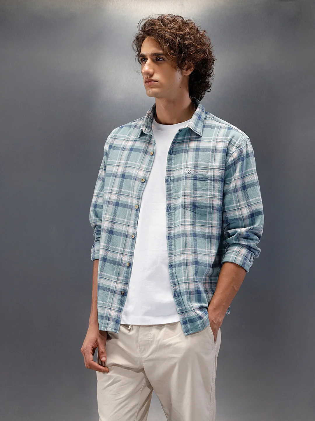 Textured Comfort Fit Checkered Pattern Shirt With Branding| Blue - Image 4