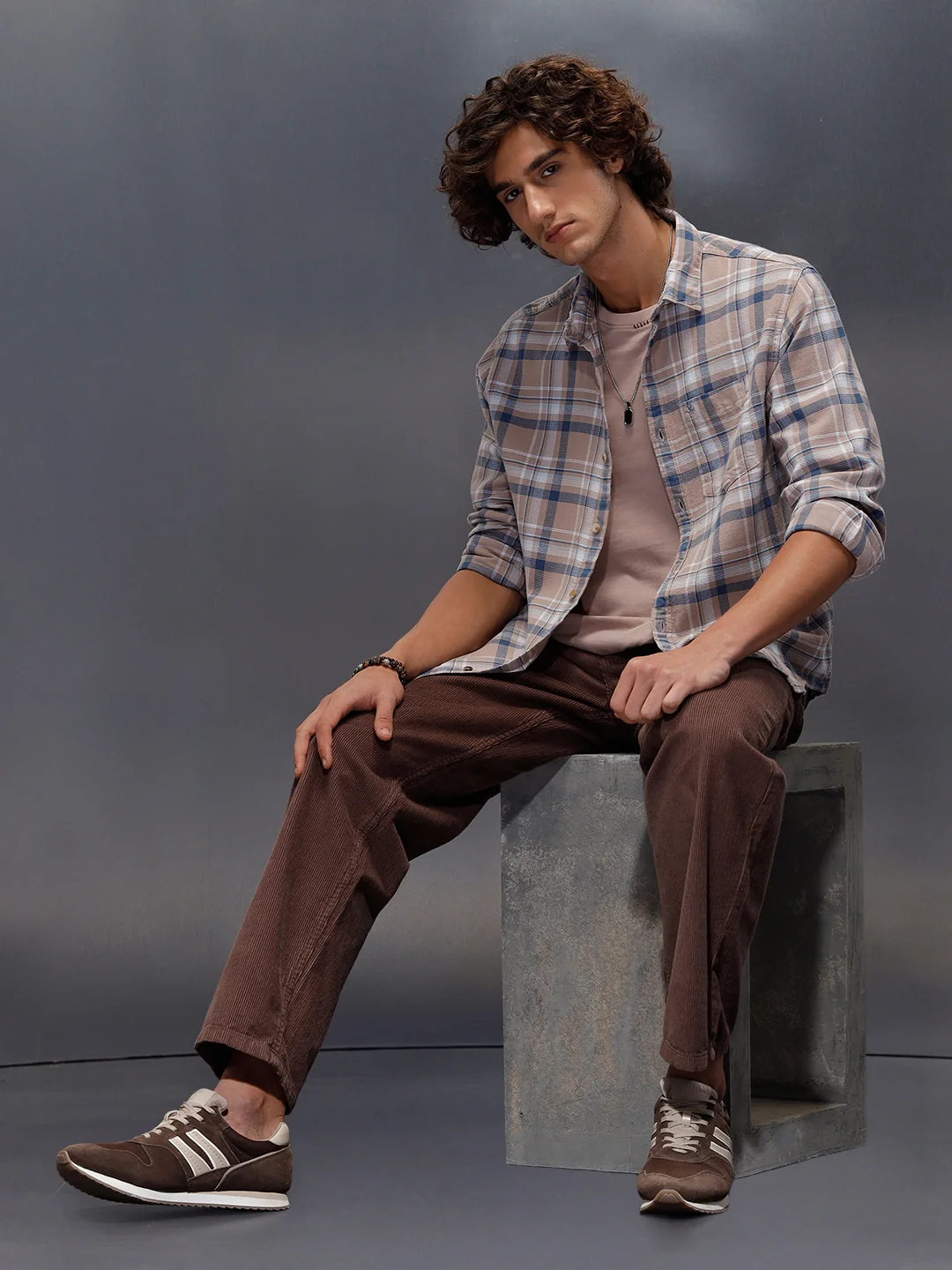 Textured Comfort Fit Checkered Pattern Shirt With Branding | Khaki - Image 2