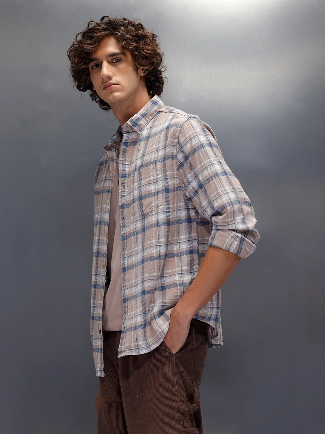 Textured Comfort Fit Checkered Pattern Shirt With Branding | Khaki - Image 4
