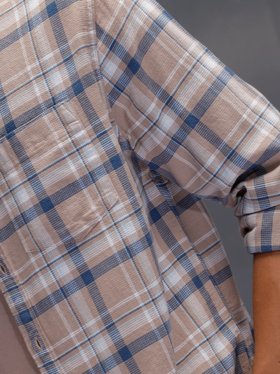 Textured Comfort Fit Checkered Pattern Shirt With Branding | Khaki - Image 5
