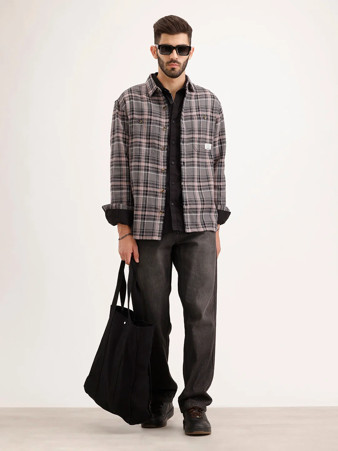 Textured Comfort Fit Double Pocket Checkered Shirt | Grey - Image 2