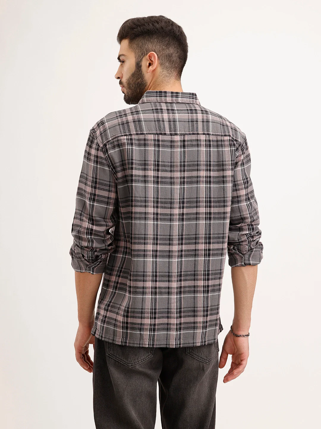 Textured Comfort Fit Double Pocket Checkered Shirt | Grey - Image 3