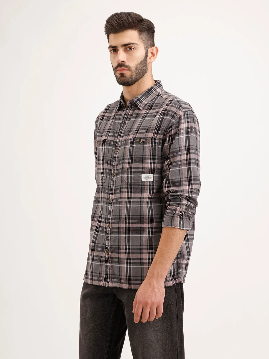Textured Comfort Fit Double Pocket Checkered Shirt | Grey - Image 4