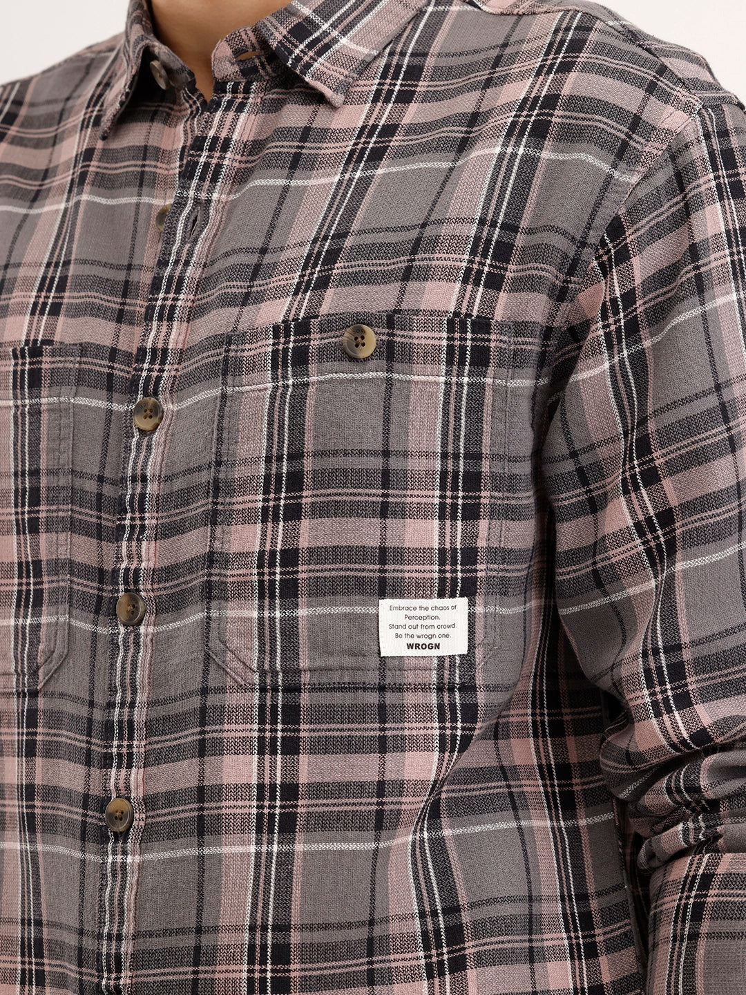 Textured Comfort Fit Double Pocket Checkered Shirt | Grey - Image 5