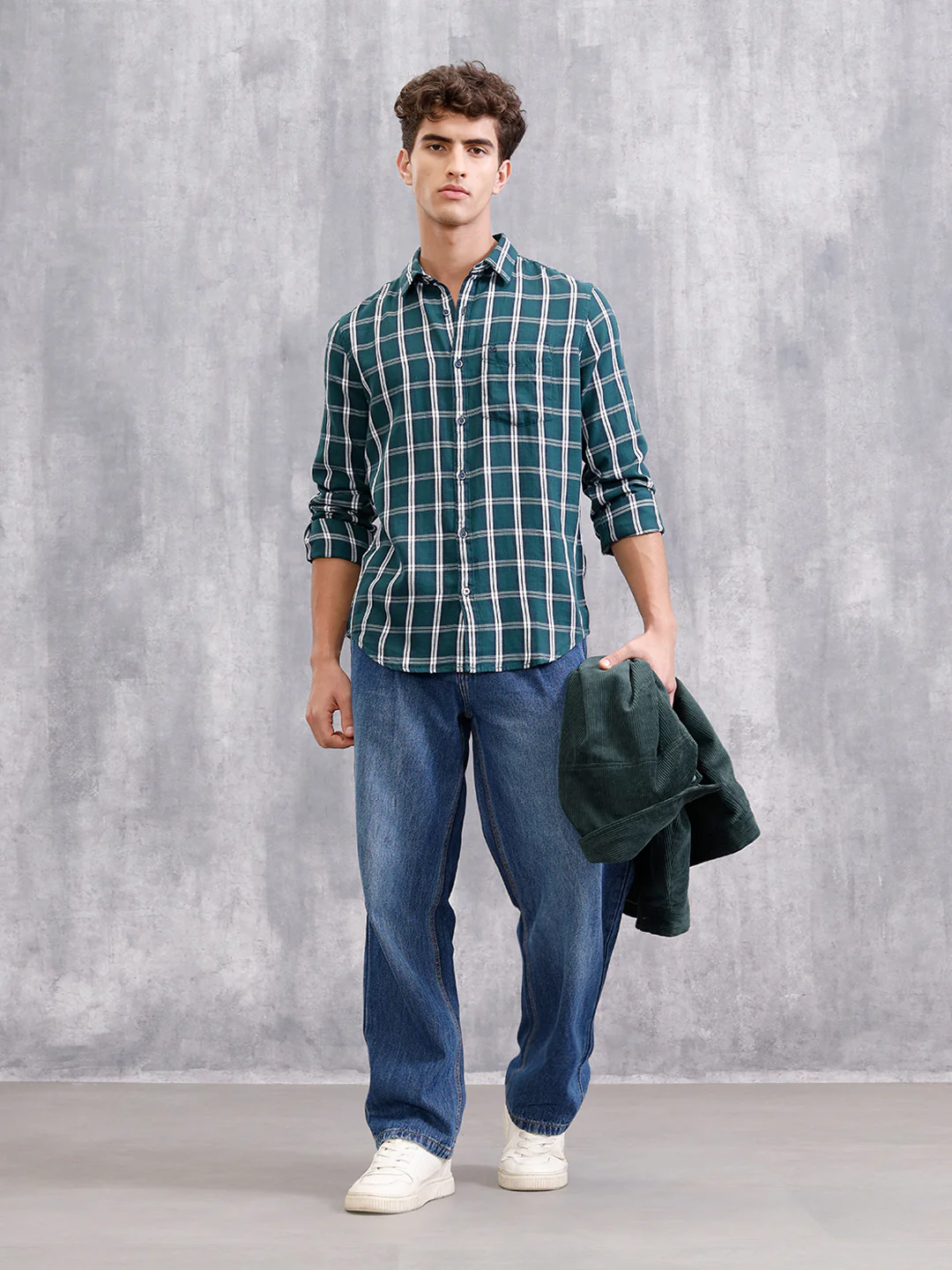 Textured Cotton Dobby Check Shirt  | Green - Image 3