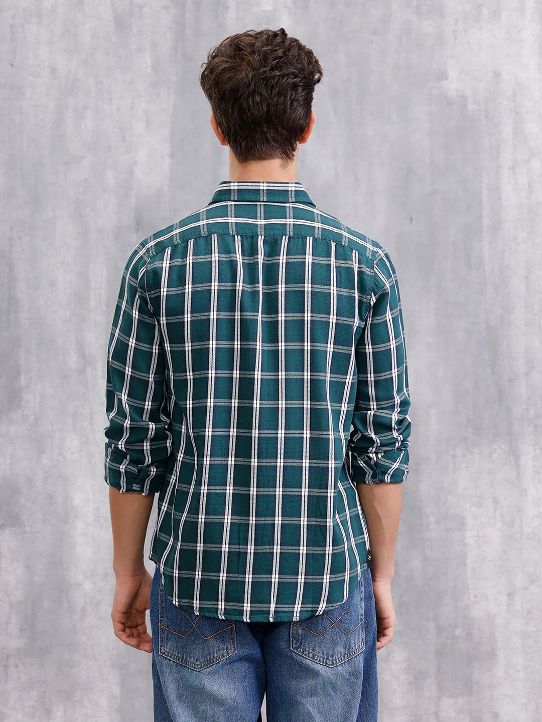 Textured Cotton Dobby Check Shirt  | Green - Image 4