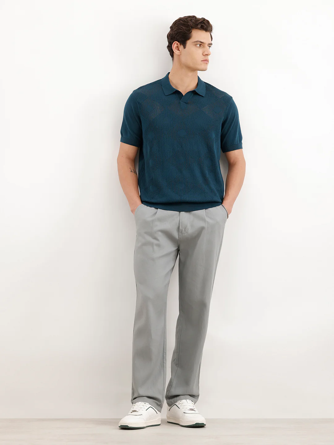 Textured Flatknit Polo T-Shirt  | Teal - Image 2
