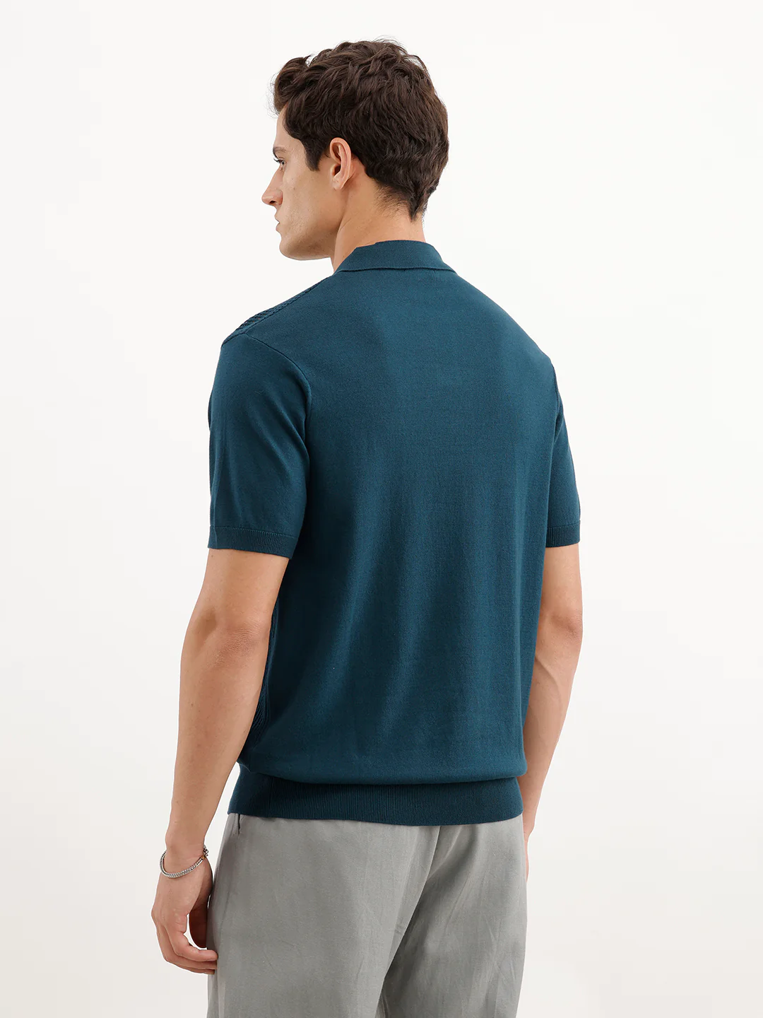 Textured Flatknit Polo T-Shirt  | Teal - Image 3