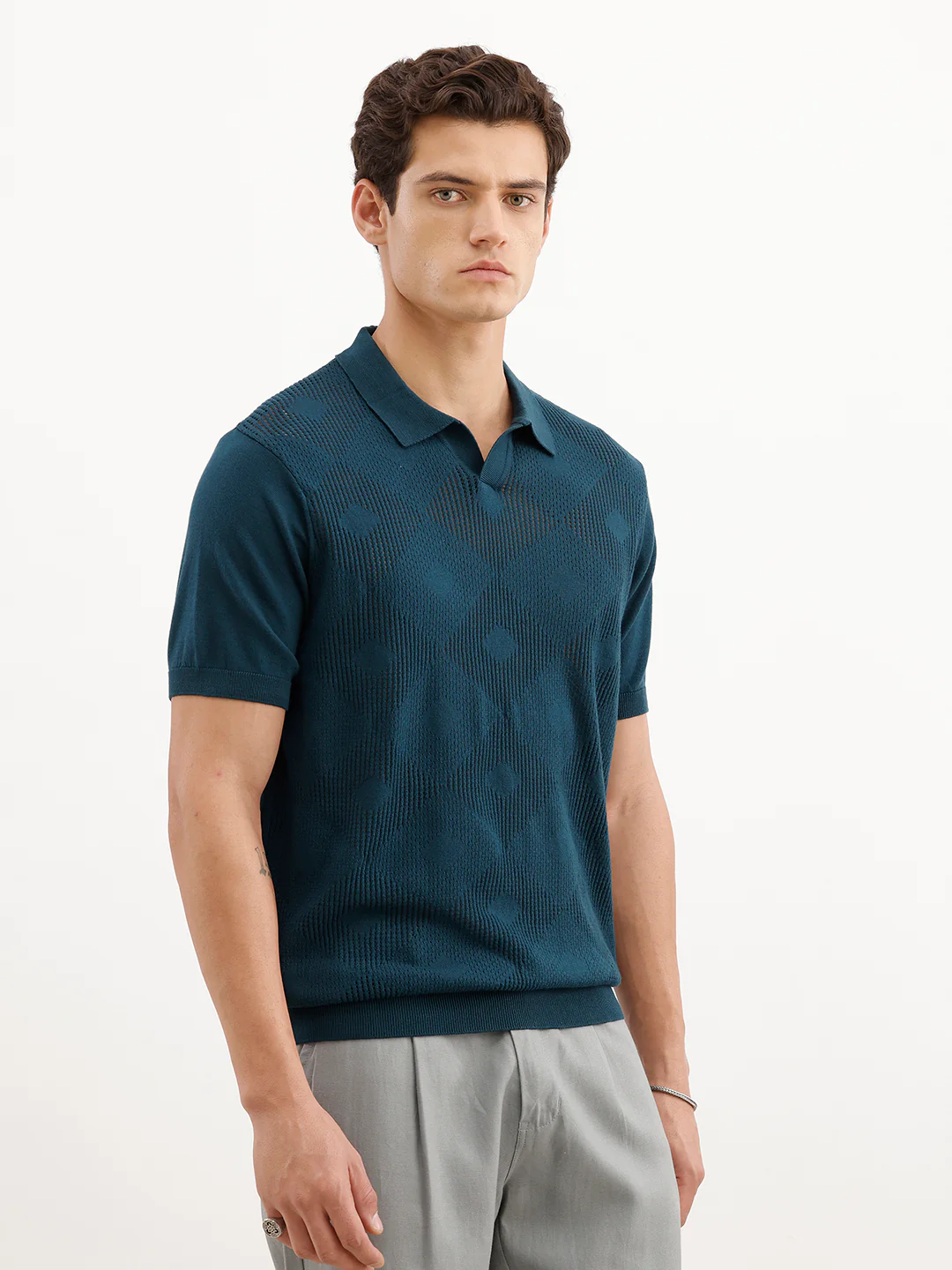 Textured Flatknit Polo T-Shirt  | Teal - Image 4