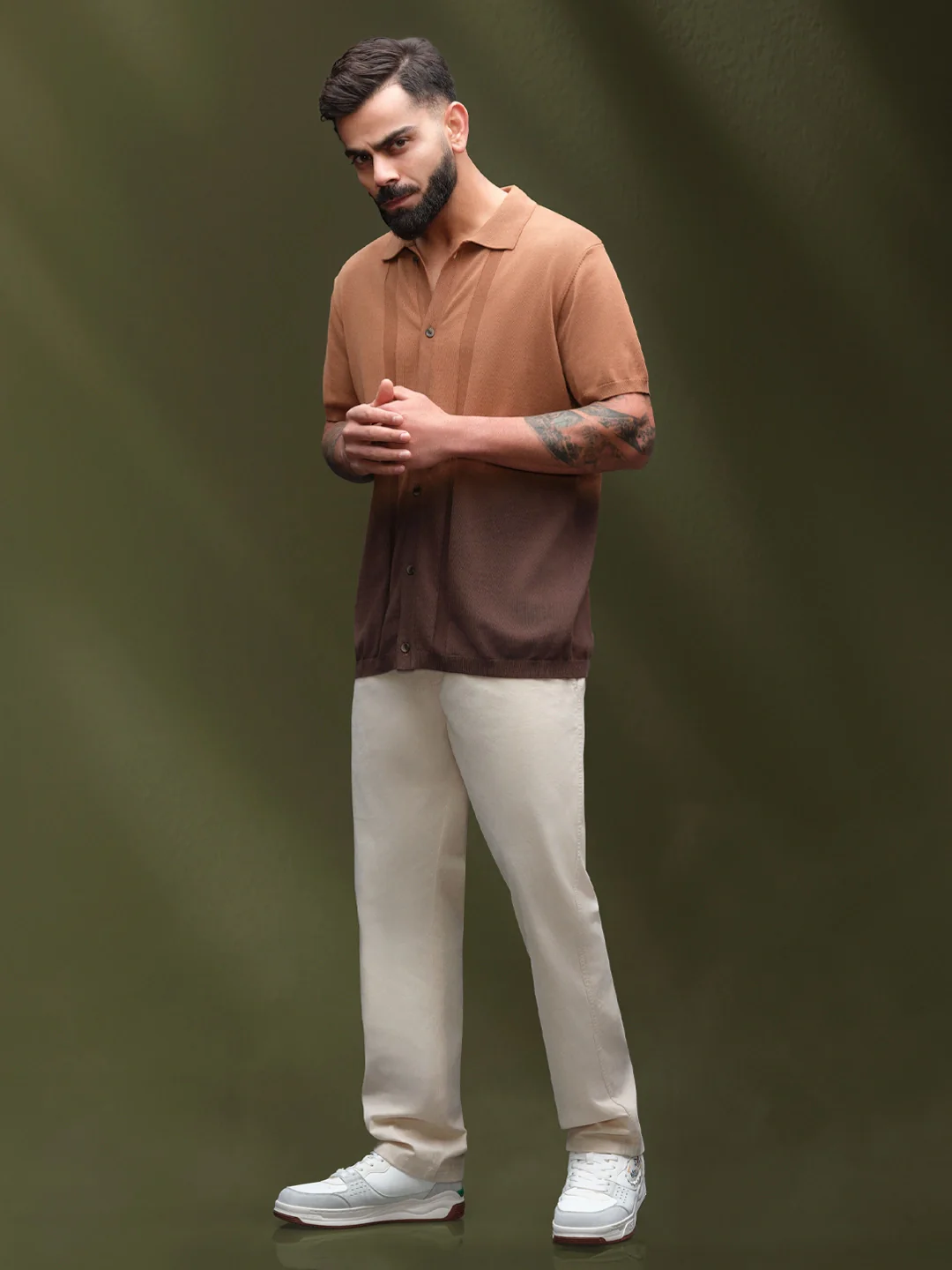 Textured Knit Button-Down SHIRT  | Brown - Image 2