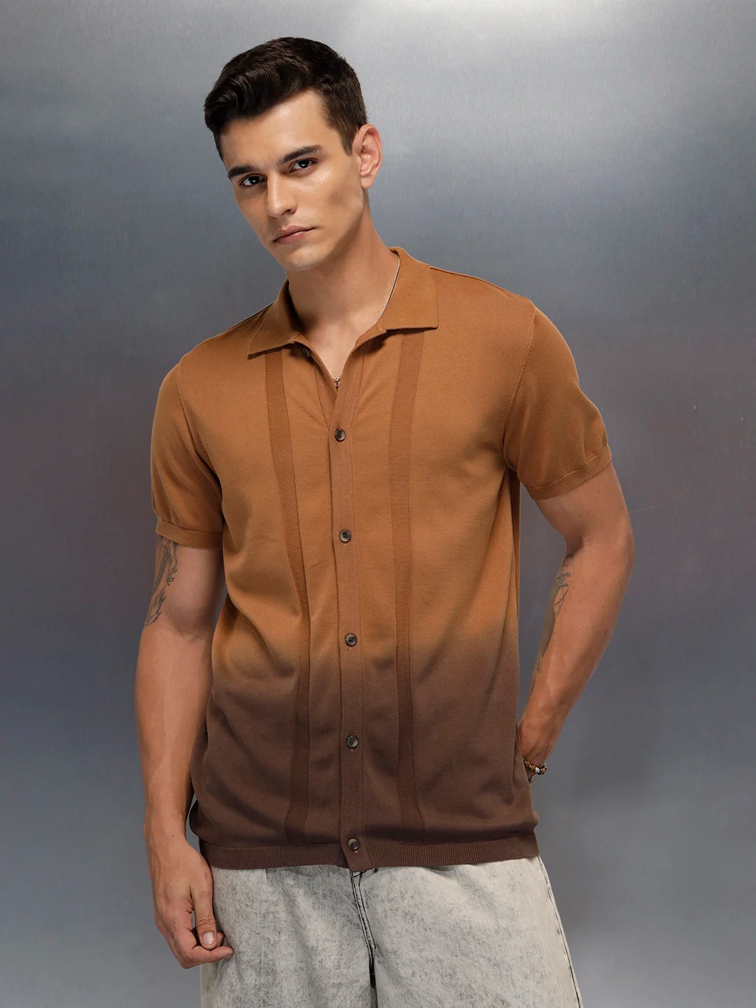Textured Knit Button-Down SHIRT  | Brown - Image 3
