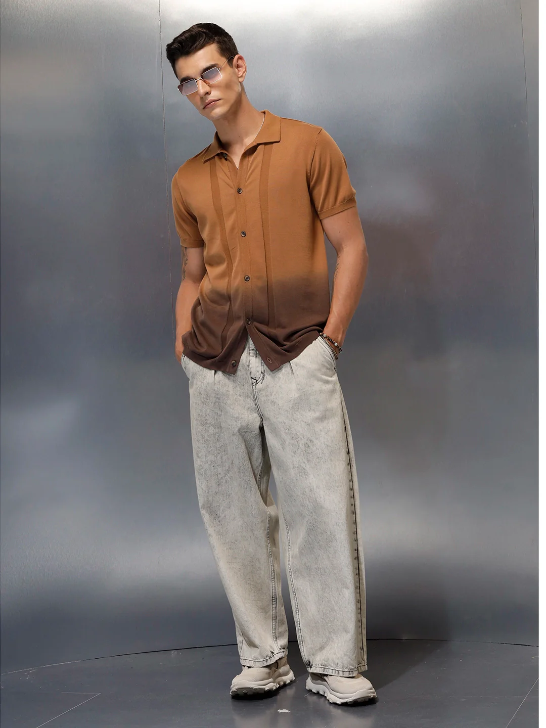 Textured Knit Button-Down SHIRT  | Brown - Image 4