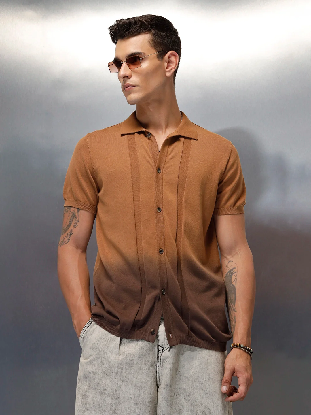 Textured Knit Button-Down SHIRT  | Brown - Image 7