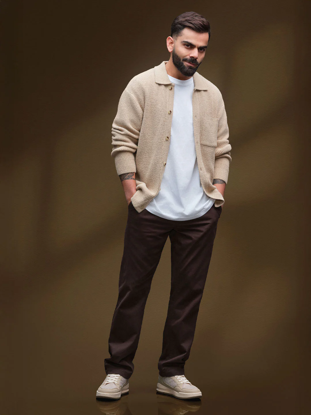 Textured Knit Button-Down Sweater  | Beige - Image 2