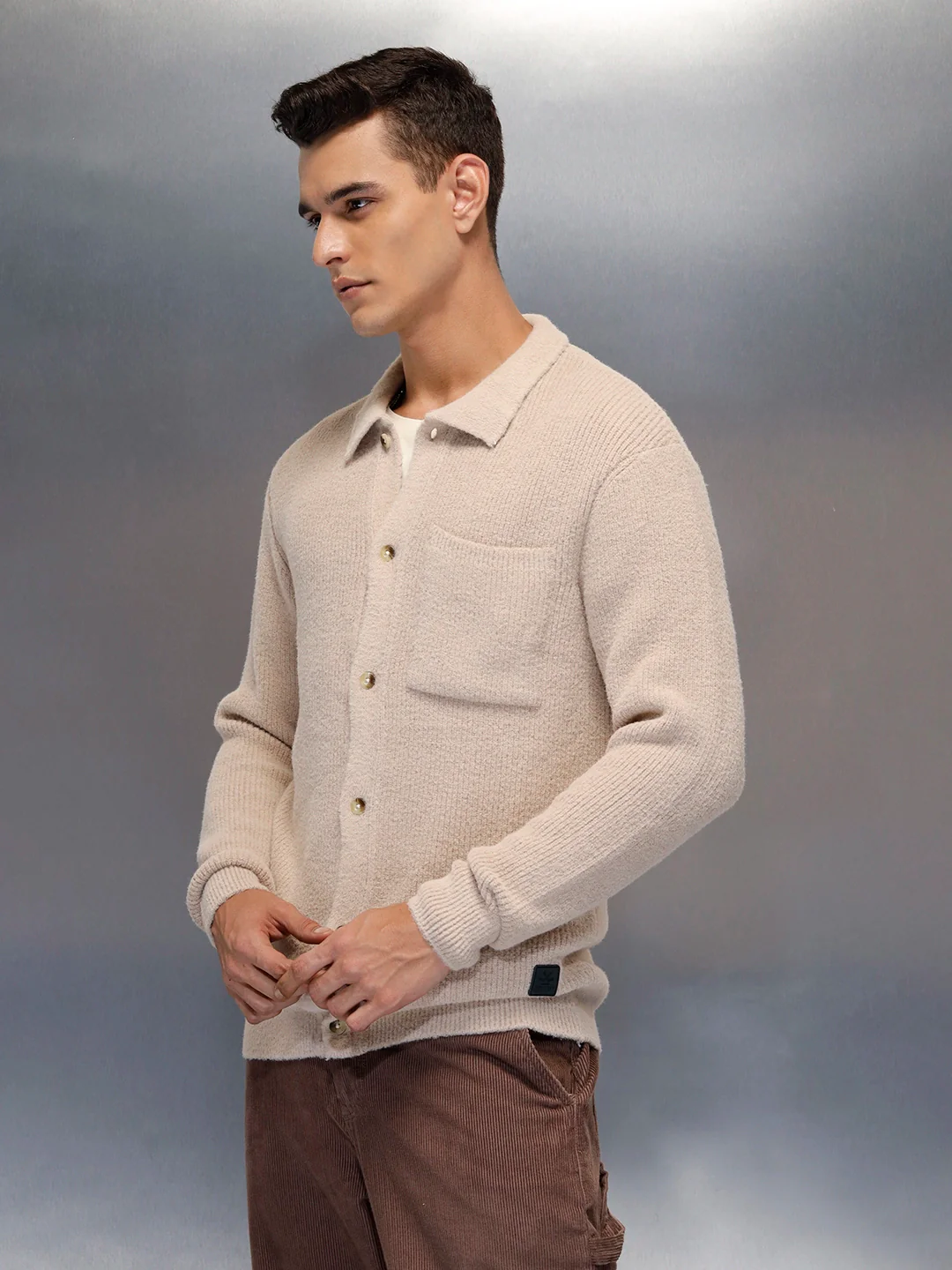 Textured Knit Button-Down Sweater  | Beige - Image 7