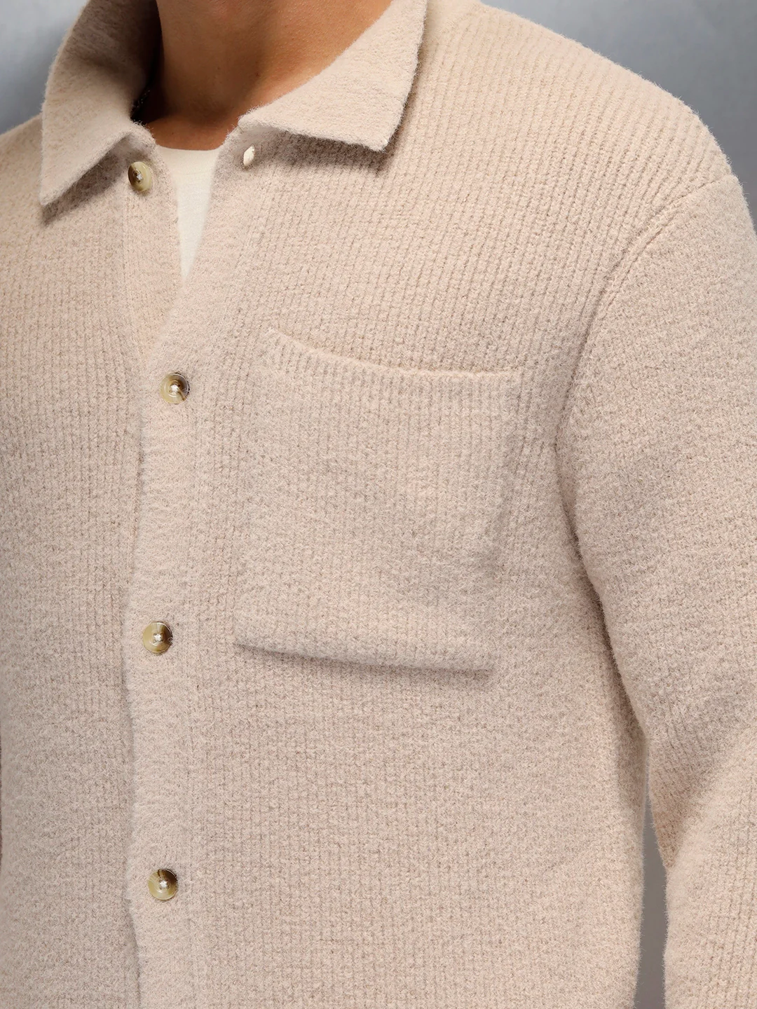 Textured Knit Button-Down Sweater  | Beige - Image 8