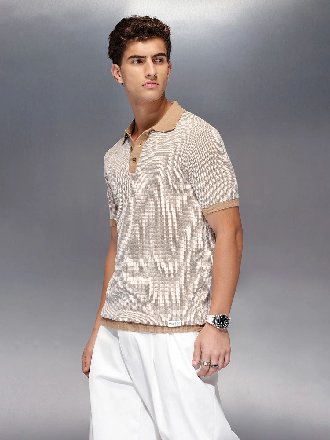 Textured knit polo tshirt with contrast collar | Khaki - Image 4