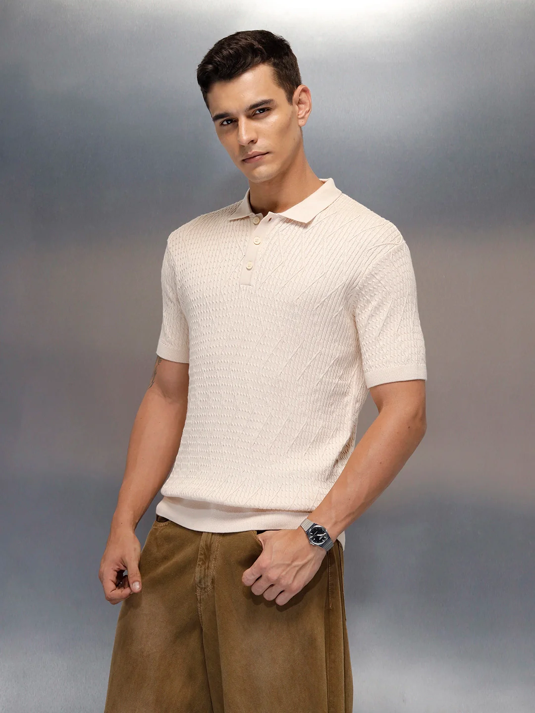 Textured Knit slim fit Polo T-shirt | Beige - Image 4