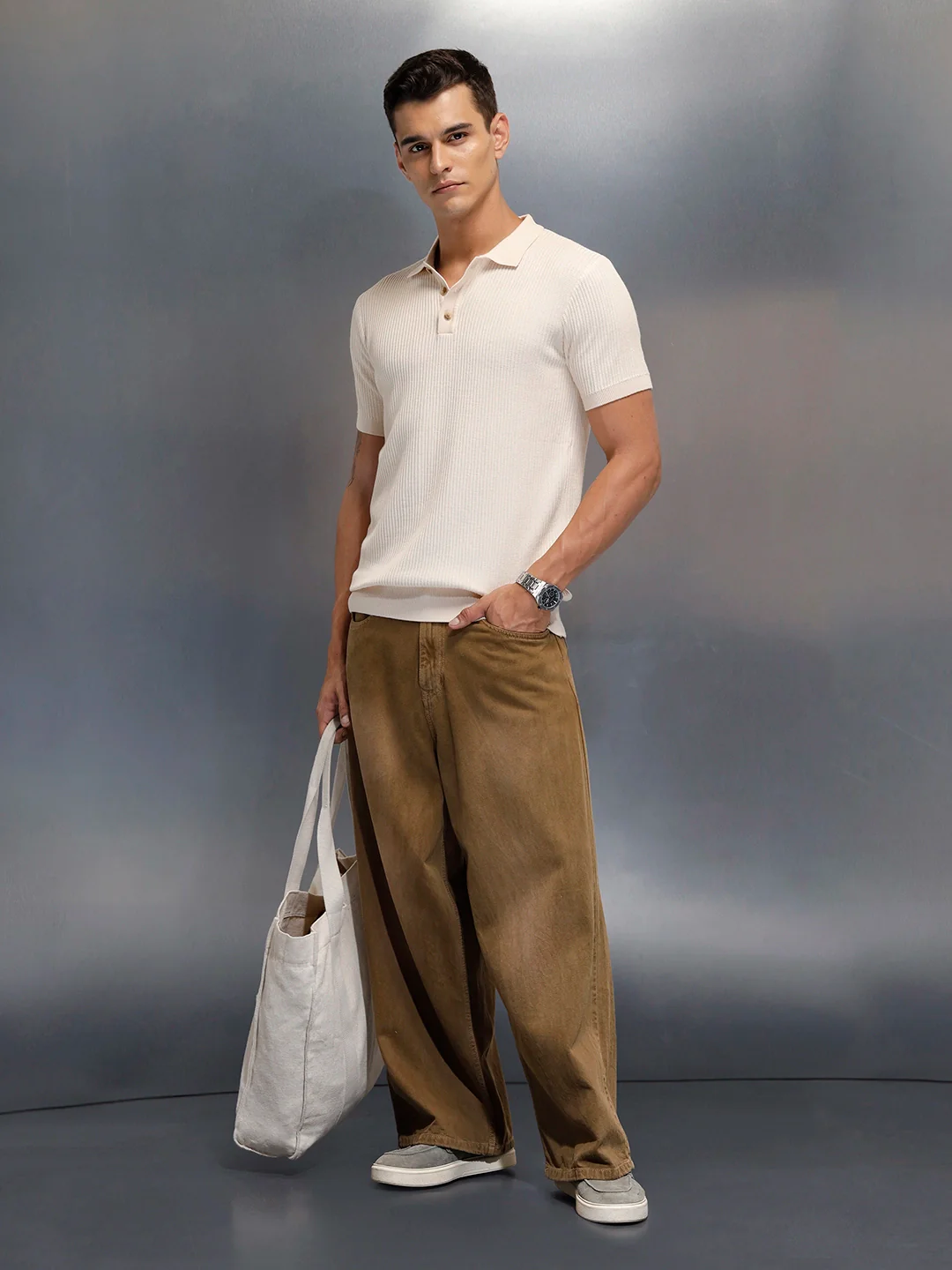 Textured Knit slim fit Polo T-shirt | Beige - Image 2